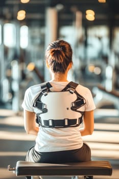 Patient recovering from injury wearing back brace while exercising in gym