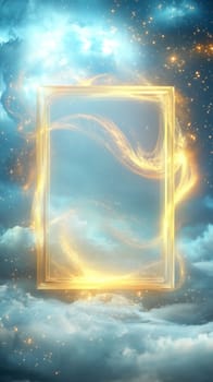 Golden frame with bright light beams over a starry sky with clouds, creating a magical portal effect