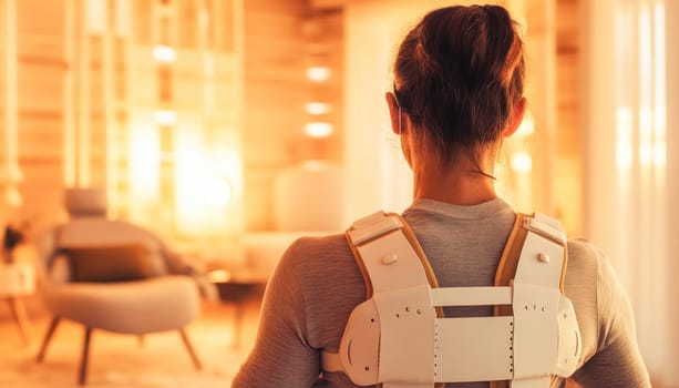 Woman wearing a posture corrector brace standing in her living room, promoting health and wellness