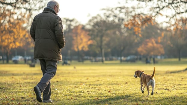 Elderly man enjoying a leisurely stroll with his canine companion in a vibrant autumn park, bathed in the warm glow of golden hour