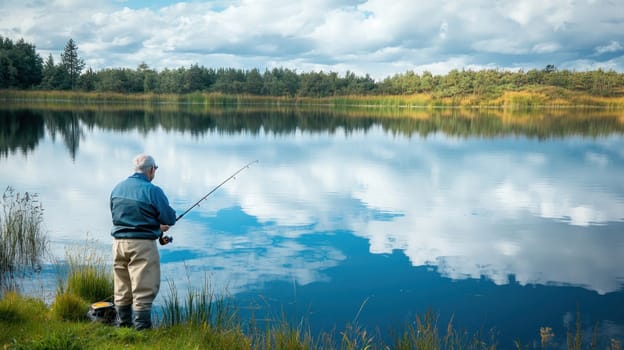 Elderly fisherman casts his line into a serene lake, the cloudy sky beautifully reflected in the water