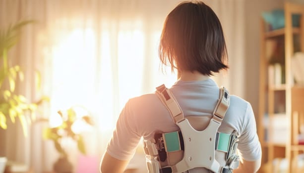Woman wearing a back brace is enjoying sunlight in her cozy home interior, looking out the window