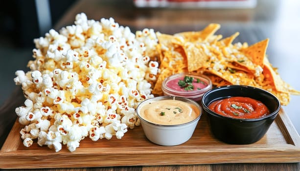Indulge in a delicious snack combination featuring popcorn, nachos, and various dipping sauces, perfect for movie nights or casual gatherings