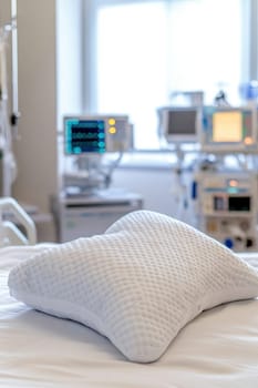 Comfortable orthopedic pillow placed on a bed in a modern hospital room, suggesting patient care and recovery