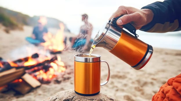 Camper pouring steaming coffee in a mug on the beach by a bonfire