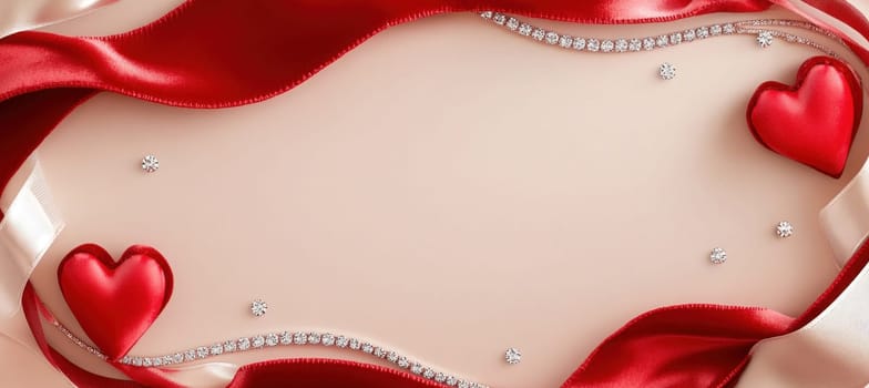Elegant valentine's day background featuring red satin ribbons, sparkling diamonds, and plush hearts on a soft pink backdrop, creating a romantic and luxurious setting