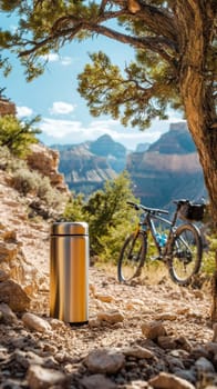 Shiny metal water bottle and mountain bike are resting on a trail overlooking the grand canyon on a sunny day