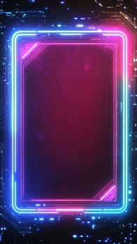 Vibrant neon frame glowing on a computer motherboard, creating a futuristic technology background
