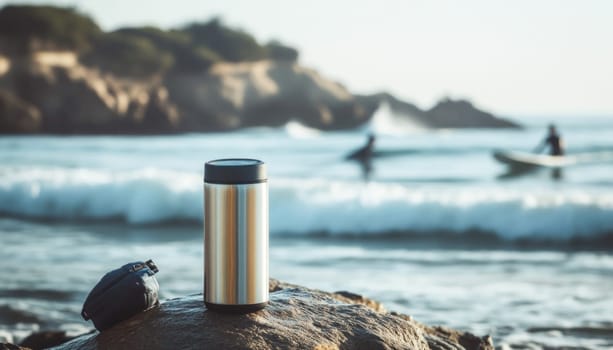 Stainless steel reusable water bottle and small bag sit on a rock at the beach while surfers enjoy the waves