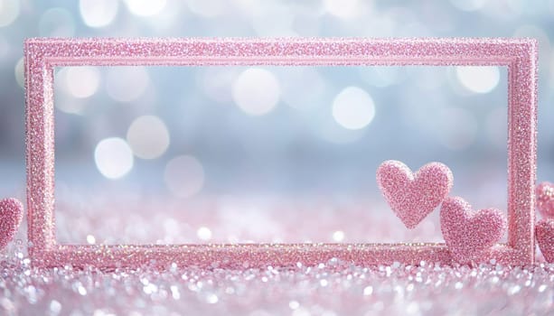 Pink glitter hearts and frame create a romantic scene on a sparkling background, perfect for valentine's day or wedding themes