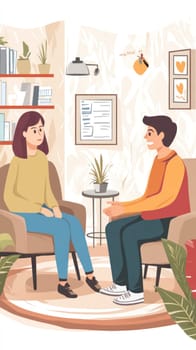 Psychologist listening to patient talking about problems during therapy session in cozy office