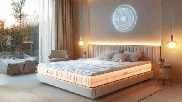 Futuristic mattress with integrated lighting creates a relaxing atmosphere in a modern bedroom, displaying sleep data visualization