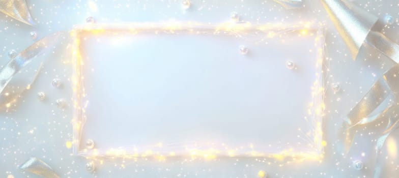 Christmas lights creating a glowing frame around silver decorations, ribbons, and ornaments on a soft blue backdrop