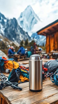 Climbers taking a break at a mountain hut with a metal thermos in the foreground and snowy peaks in the background