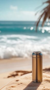 Close up of reusable metal water bottle on sunny beach with ocean waves and palm tree, promoting hydration and sustainability during summer vacation
