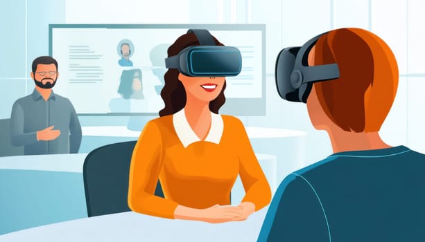 Businesspeople wearing vr headsets are enjoying virtual reality experience in the office