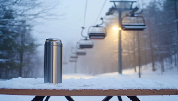 Metal thermos standing on a snow covered table with a ski lift and snowy forest in the background during winter