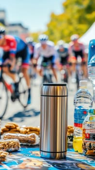 Shiny metal thermos bottle stands on table with snacks and drinks, cyclists passing by
