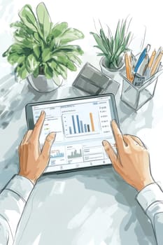 Businessman using digital tablet displaying financial charts and data, working in modern office environment
