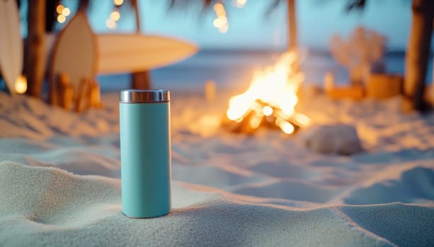 Reusable insulated metal water bottle standing on sand with bonfire and surfboards in the background on a tropical beach at dusk