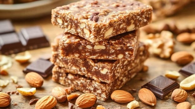 Homemade protein granola bars with nuts, chocolate and almonds on wooden table