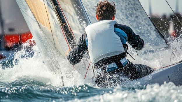 Sailor leaning back, holding rope and maneuvering sailboat in strong wind and water splashes.
