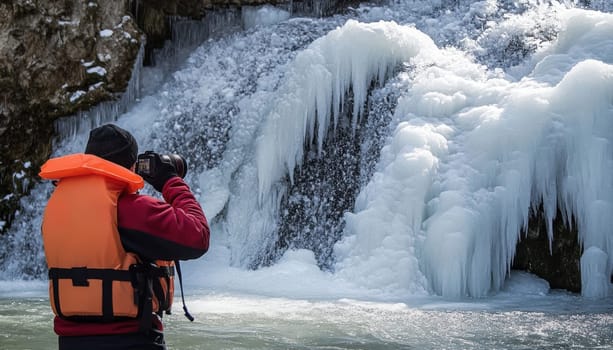 Photographer taking pictures of a frozen waterfall while wearing a life vest