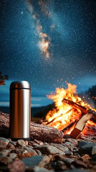 Metal thermos standing near bonfire under beautiful night sky full of stars during camping adventure