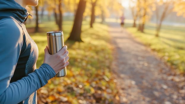 Female athlete holding a reusable water bottle after training in a park during a sunny autumn day