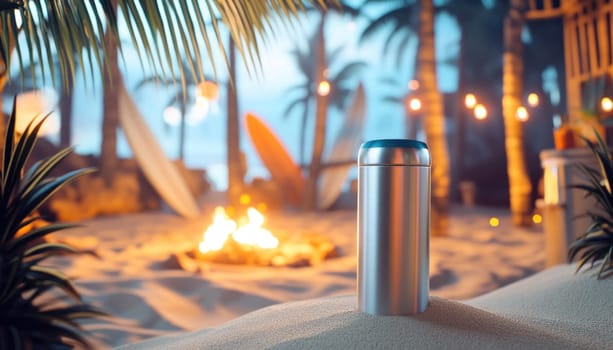 Modern reusable metal water bottle is placed on the sand of a tropical beach at night, with a bonfire and surfboard in the background