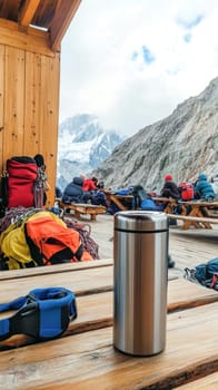 Climbers taking a break at a mountain hut, enjoying refreshments with a stunning view of snow capped peaks