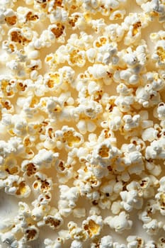 Scattered popcorn kernels on a wooden surface create a tempting snack background for movie night