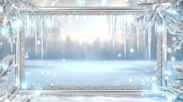 Silver christmas frame decorated with icicles and pine branches overlooking a snowy winter landscape