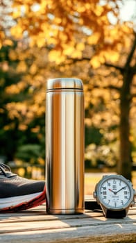 Metal thermos, running shoes, and watch are placed on a wooden table in a park during autumn
