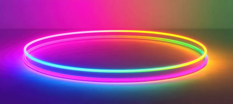 Two glowing neon circles are emitting vibrant rainbow colors on the floor, creating a captivating and futuristic atmosphere