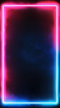 Vibrant neon frame glows against a dark backdrop, accented by a subtle smoke or fog effect, creating a striking visual contrast