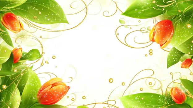Elegant floral frame composed of vibrant orange tulips and lush green leaves, adorned with golden swirls and sparkling glitter