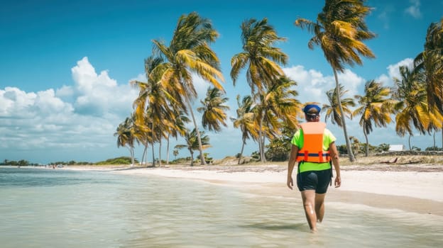 Tourist wearing life vest walking on a tropical beach with palm trees and white sand