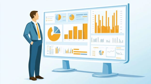 Businessman examining financial data visualized on a large interactive screen showing various charts, graphs, and key performance indicators