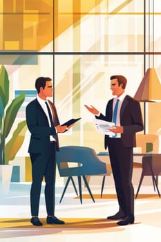 Two businessmen having a discussion about business strategy in a modern office
