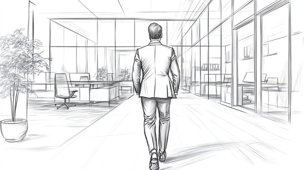 Hand drawn sketch of a businessman walking through a modern office hallway