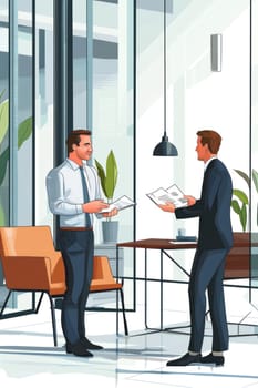 Two businessmen exchanging documents during a meeting in a bright modern office