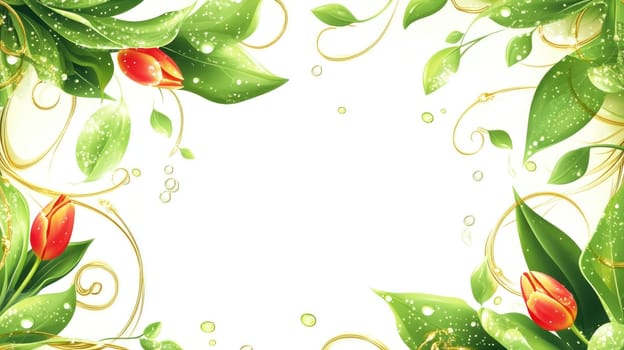 Elegant floral frame featuring red tulips, green leaves, and golden swirls, perfect for spring or nature themed designs