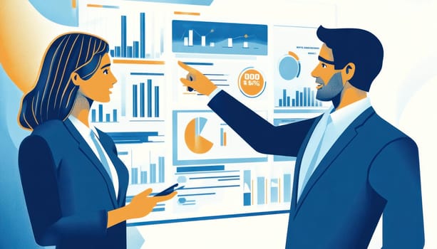 Businesspeople analyzing financial data and statistics using charts and graphs on a digital screen
