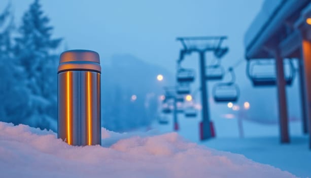 Metal thermos bottle standing in snow with blurred ski lifts and warm lights in the background, creating a cozy winter scene