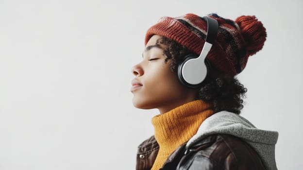 Stylish portrait of African young woman enjoying listening to music with wireless headphones, modern fashionable black American girl on white background, studio shot