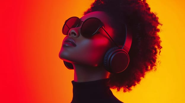 Stylish portrait of African young woman enjoying listening to music with wireless sleek headphones, modern fashionable black American girl on vivid red background, studio shot