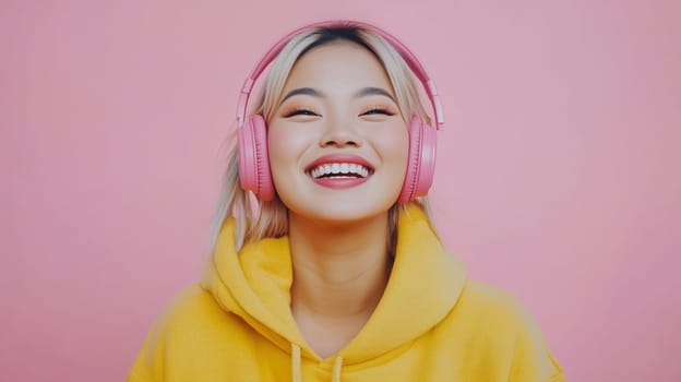Portrait of happy Asian young woman enjoying listening to music with wireless headphones, modern girl smiling on pink background, studio shot