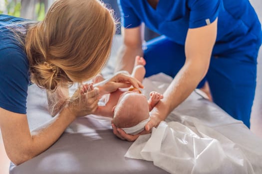 A newborn baby receives gentle osteopathic care, lying calmly while the specialist carefully examines and adjusts the infant. A moment of professional pediatric care, early development, and holistic well-being, symbolizing health and nurturing touch.