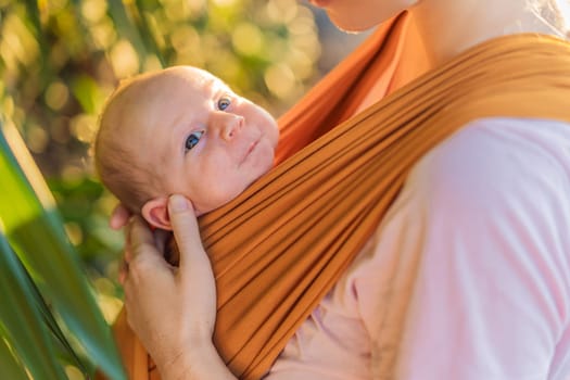 A loving mother walks through a peaceful park, carrying her baby securely in a sling. A heartwarming moment of maternal bonding, babywearing, and the joy of motherhood in nature.